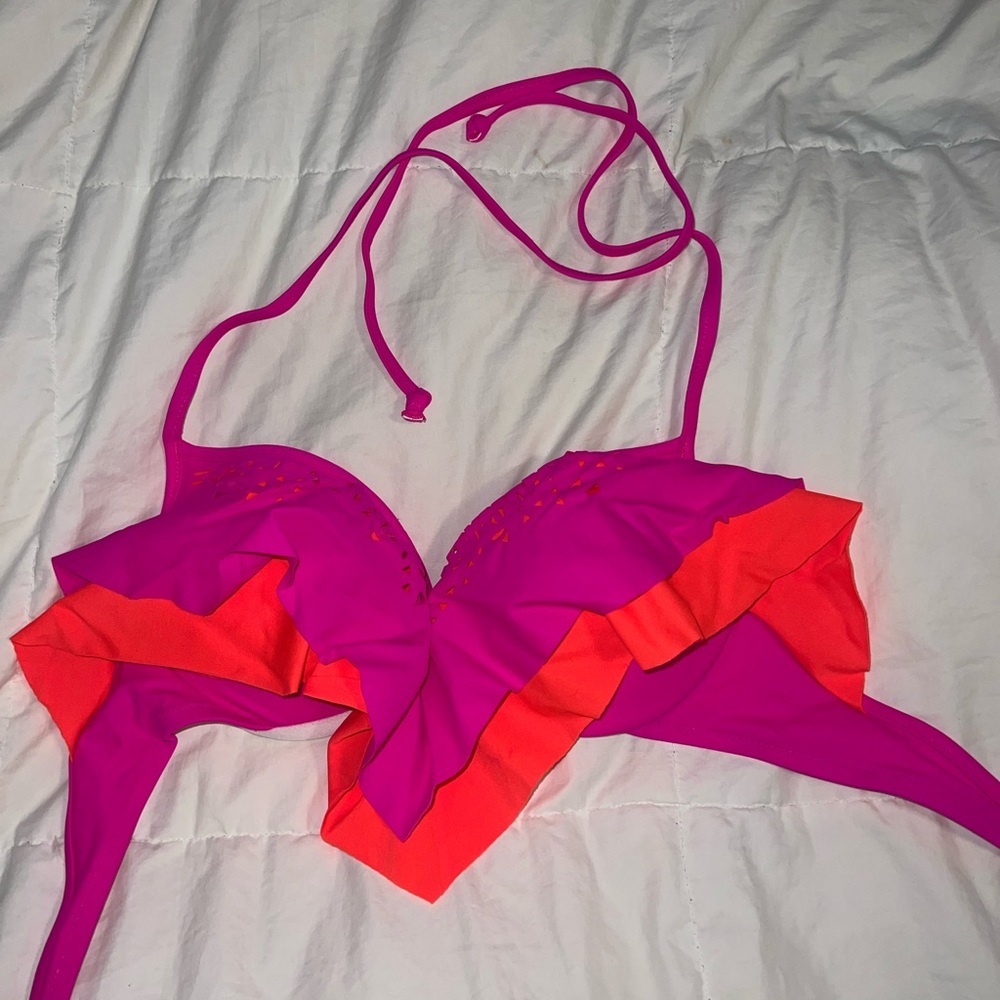 PINK clasp in back ruffle bikini top halter (worn once!)